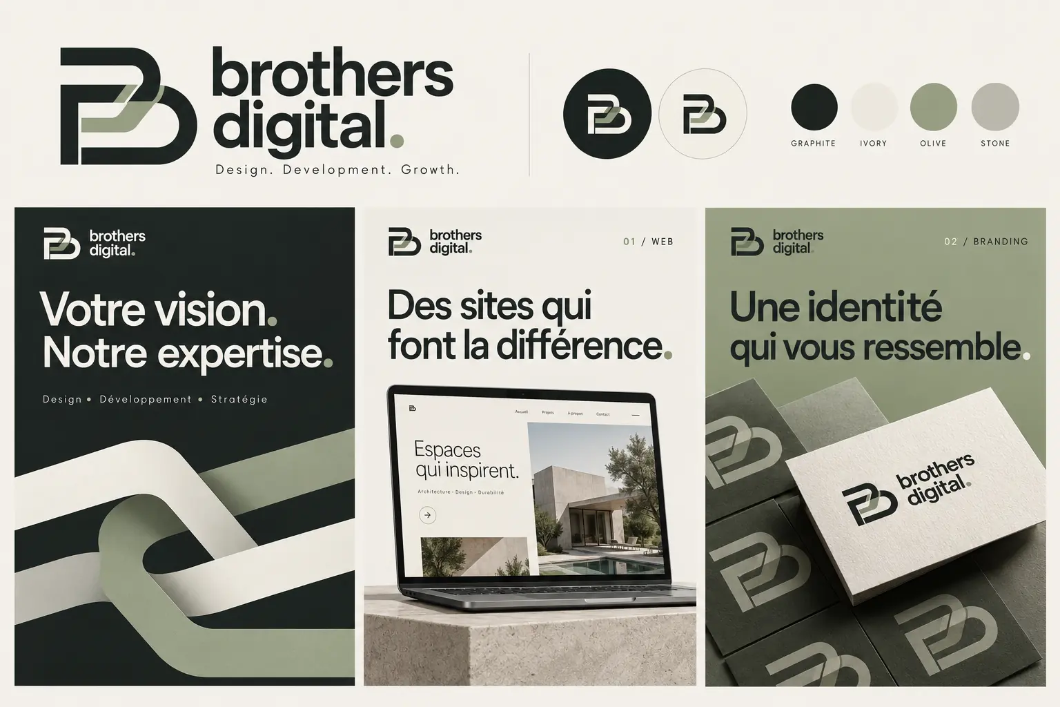 Identité visuelle Brothers Digital : logo interlock, graphite, ivoire et olive